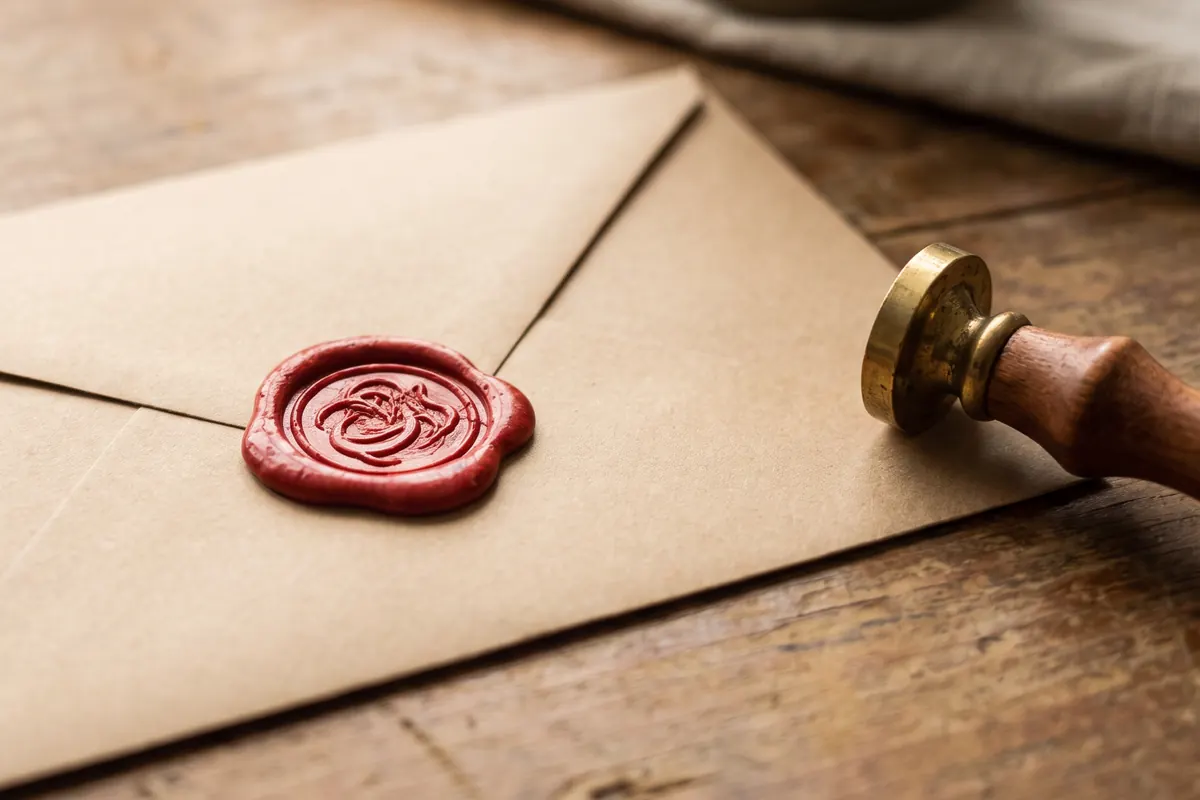 Czerwona lakowa pieczęć na kopercie z szarego papieru, obok mosiężny stempel, drewniane biurko