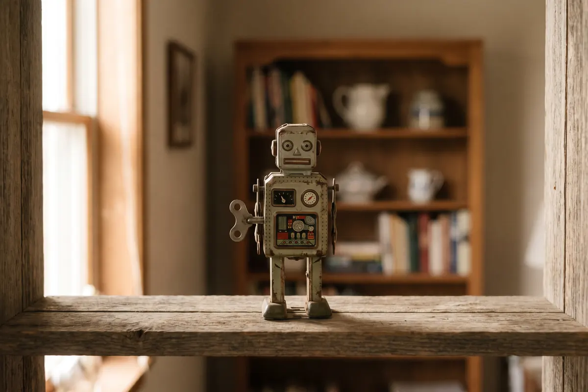 Zabytkowy blaszany robot nakręcany kluczykiem na drewnianej półce, w tle rozmyty regał z książkami