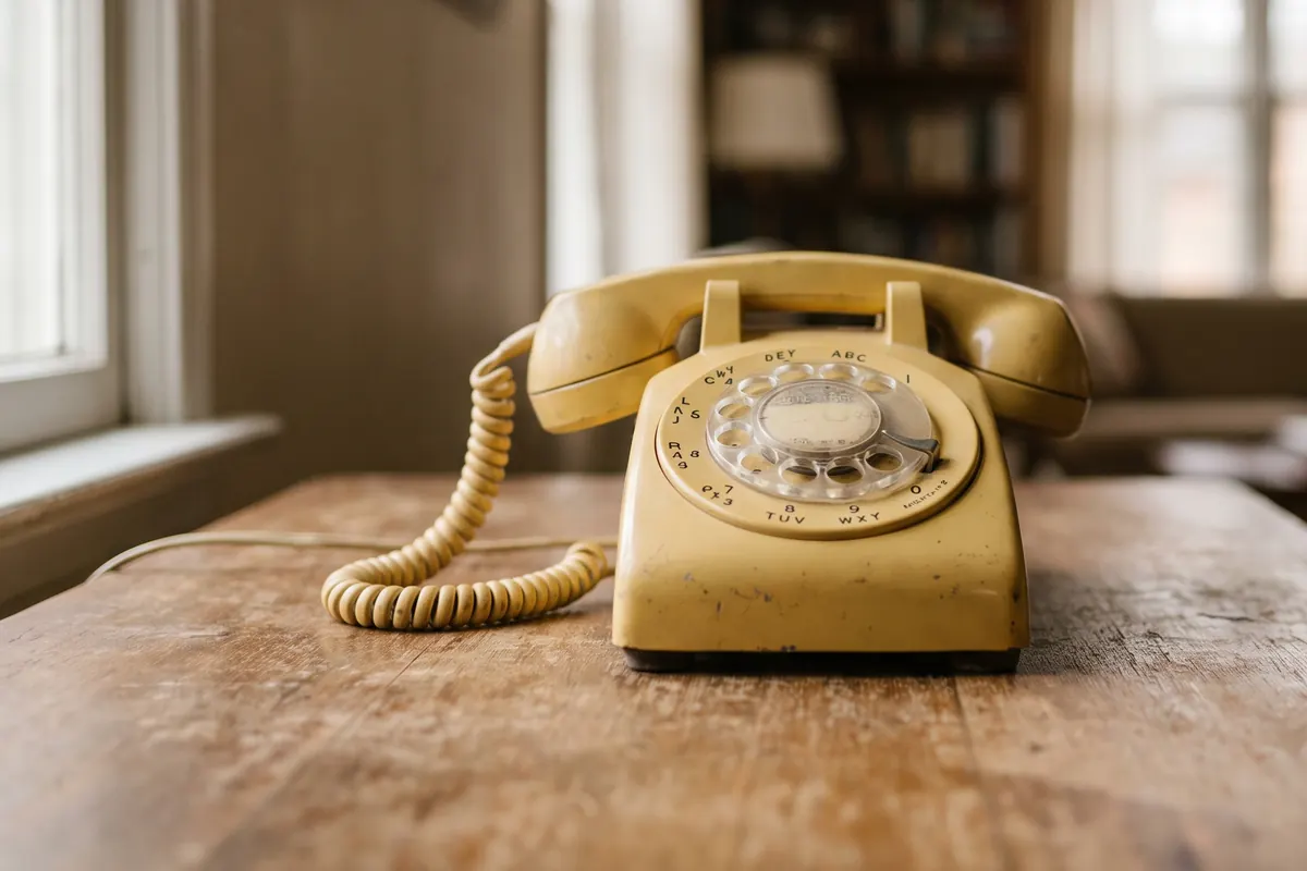 Żółty telefon z tarczą na drewnianym biurku, w tle rozmyty pokój z regałami