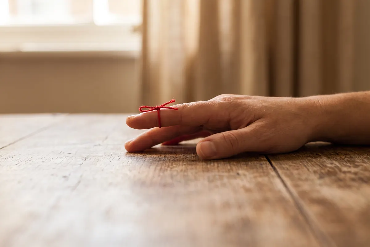 Czerwona nitka zawiązana na palcu dłoni spoczywającej na drewnianym stole